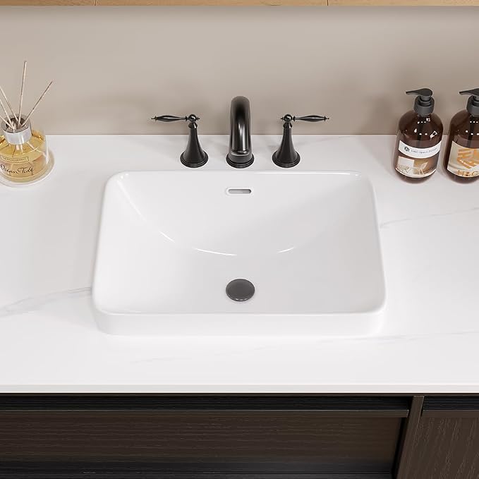 Bathroom Rectangle Vessel Sink 18" x 13" Rectangle Semi Recessed Sink White Drop in Square ceramic Sink with Overflow Modern Sinks Bowl Vanity Above Counter Basin