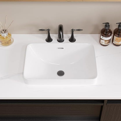 Bathroom Rectangle Vessel Sink 18" x 13" Rectangle Semi Recessed Sink White Drop in Square ceramic Sink with Overflow Modern Sinks Bowl Vanity Above Counter Basin