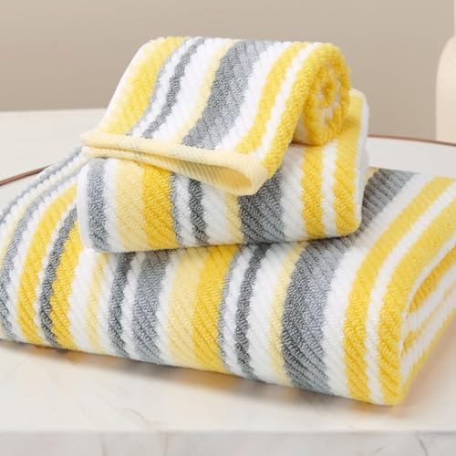 VOOVA & MOVAS Yellow Bathroom Towels 3 Pack, 100% Cotton, Gray Striped