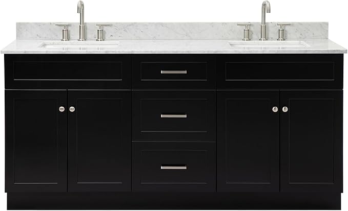 ARIEL Hamlet 72-inch Bathroom Vanity with Sink,Solid Wood, 0.75-inch Italian Carrara Marble Countertop & Backsplash, Double Oval Sink, 4 Soft Closing Doors, 3 Dovetail Drawers, Black