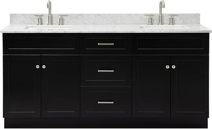 ARIEL Hamlet 72-inch Bathroom Vanity with Sink,Solid Wood, 0.75-inch Italian Carrara Marble Countertop & Backsplash, Double Oval Sink, 4 Soft Closing Doors, 3 Dovetail Drawers, Black