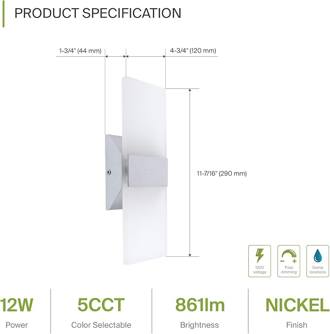 ASD 12 Inch Indoor LED Wall Sconce - 12W 2700K-5000K Dimmable Brushed Nickel Wall Sconce Lights for Living Room, Bedroom, Bathroom, Hallway - Modern Wall Sconces Hardwired, UL Interior Light