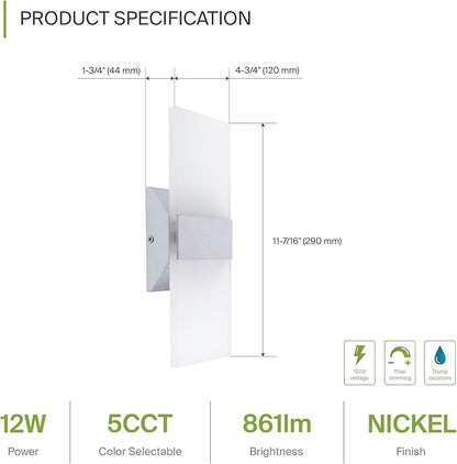 ASD 12 Inch Indoor LED Wall Sconce - 12W 2700K-5000K Dimmable Brushed Nickel Wall Sconce Lights for Living Room, Bedroom, Bathroom, Hallway - Modern Wall Sconces Hardwired, UL Interior Light
