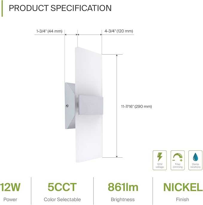 ASD 12 Inch Indoor LED Wall Sconce - 12W 2700K-5000K Dimmable Brushed Nickel Wall Sconce Lights for Living Room, Bedroom, Bathroom, Hallway - Modern Wall Sconces Hardwired, UL Interior Light, Set of 2
