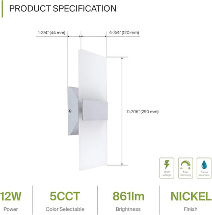 ASD 12 Inch Indoor LED Wall Sconce - 12W 2700K-5000K Dimmable Brushed Nickel Wall Sconce Lights for Living Room, Bedroom, Bathroom, Hallway - Modern Wall Sconces Hardwired, UL Interior Light, Set of 2