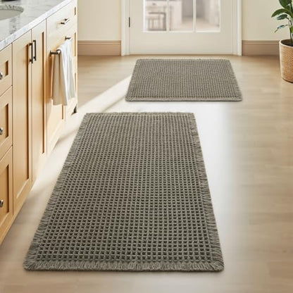 Upgraded Waffle Bath Mat Set of 2 Absorbent Bathroom Mat 17"x24" + 18"x30"