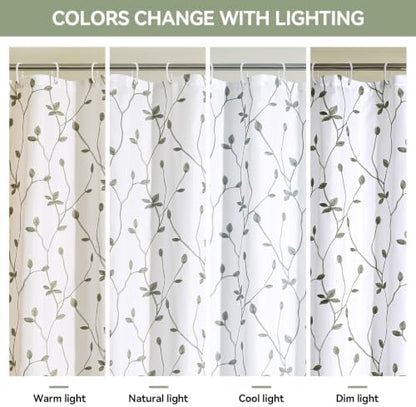 Embroidered Leaf Farmhouse Shower Curtain,Faux Linen,72x72,White Sage Green
