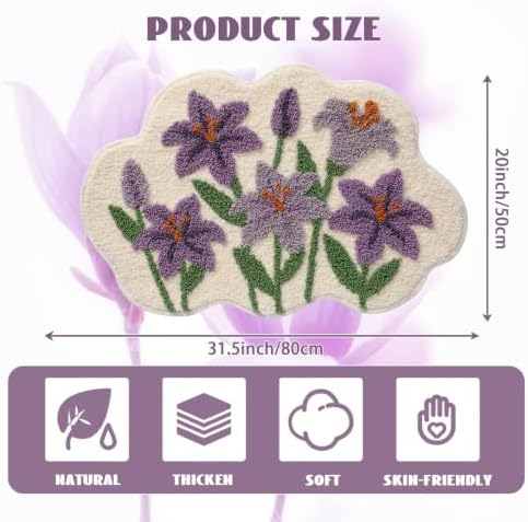 Cloud-Shaped Lily Bath Mat, Soft Non-Slip Fluffy Fresh Flowers Bathroom Rug, Ultra Absorbent Microfiber Shaggy Door Mat, Machine Washable Bath Rug Carpet for Bathtub Bedroom 20x31 Inch (Purple Lily)