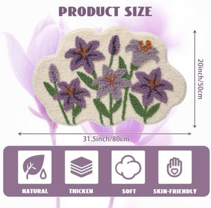 Cloud-Shaped Lily Bath Mat, Soft Non-Slip Fluffy Fresh Flowers Bathroom Rug, Ultra Absorbent Microfiber Shaggy Door Mat, Machine Washable Bath Rug Carpet for Bathtub Bedroom 20x31 Inch (Purple Lily)