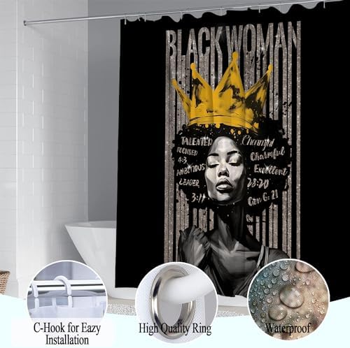 4Pcs Praying Black Queen Shower Curtain Set, Inspirational Quote African American Woman Shower Curtains with Rugs Toilet Lid Cover Bath Mat, Waterproof Fathers Day Bathroom Decor Sets