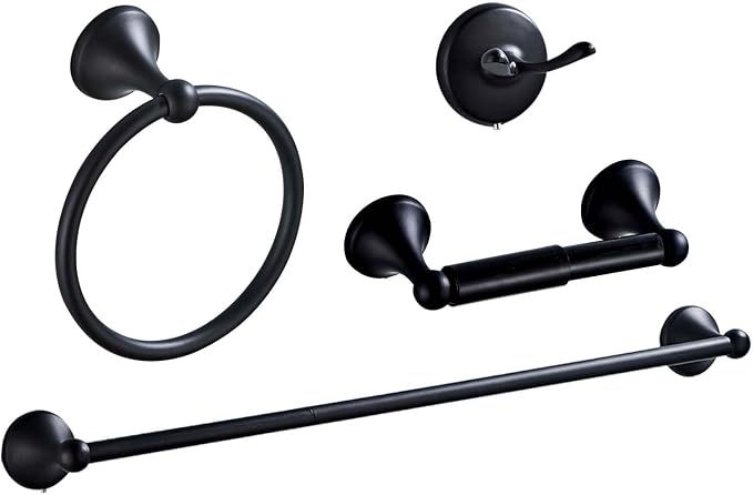 Classic Bathroom Hardware 4-piece Set, Matt Black | Wall Mounted,Stainless Steel and Zinc material,Including Towel Bar,Towel Ring,Toilet Paper Holder,Robe Hook
