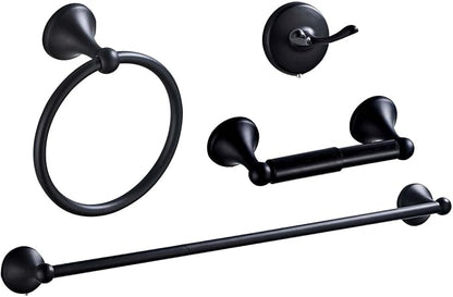 Classic Bathroom Hardware 4-piece Set, Matt Black | Wall Mounted,Stainless Steel and Zinc material,Including Towel Bar,Towel Ring,Toilet Paper Holder,Robe Hook