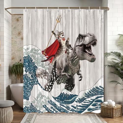 Funny Cat Shower Curtain, Cool Cat Dinosaur Japanese Ocean Wave Shower Curtain, Cat Riding Dinosaur Fun Shower Curtain Nautical Kids Children Rustic Wooden Farmhouse Shower Curtain, 36X72inch, Brown