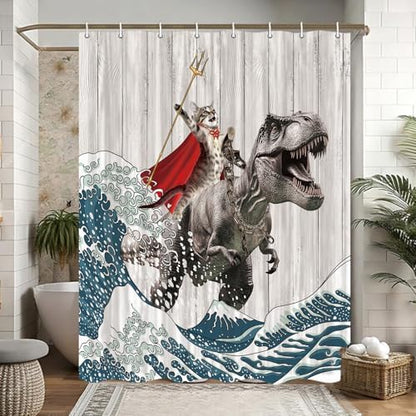 Funny Cat Shower Curtain, Cool Cat Dinosaur Japanese Ocean Wave Shower Curtain, Cat Riding Dinosaur Fun Shower Curtain Nautical Kids Children Rustic Wooden Farmhouse Shower Curtain, 36X72inch, Brown