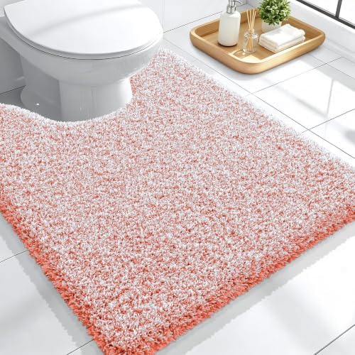 OLANLY Microfiber Bathroom Toilet Rugs U-Shaped Mat 24x20, Coral and White