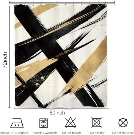 Abstract Modern Minimalist Shower Curtain 60Wx72L Inch Black Gold Neutral Contemporary Art Aesthetic Simple Bathroom Set Accessories Decor with 12 Pack Hooks
