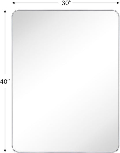 GRACTO 30 x 40'' Chrome Rectangle Bathroom Vanity Mirror for Wall Polished Silver Metal Framed Rounded Rectangular Bathroom Vanity Mirrors Vertical and Horizontal Hanging
