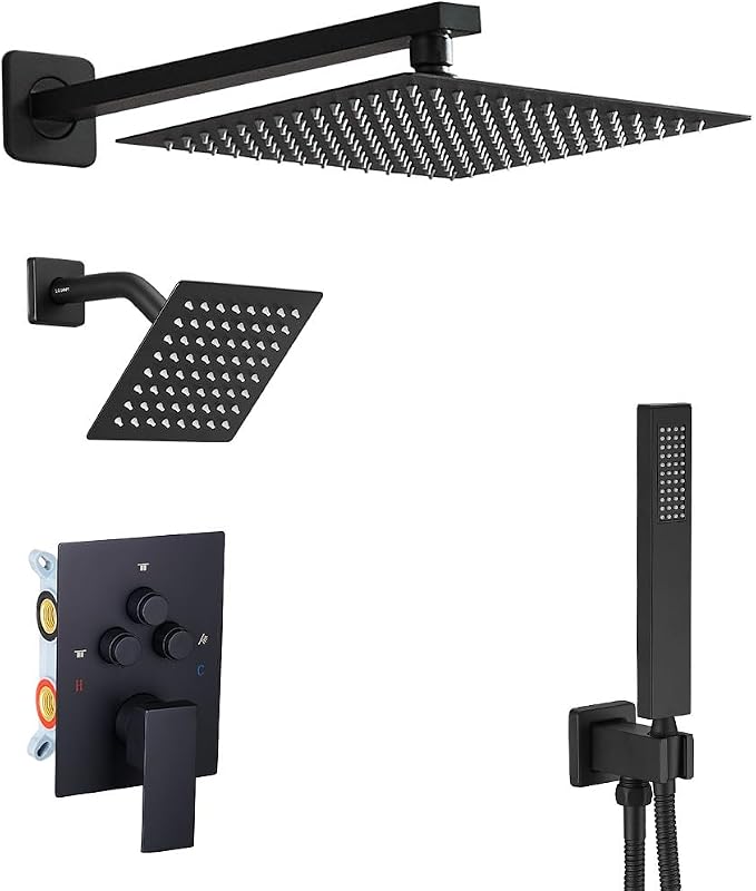 Shower Faucet Set Matte Black 12 Inch Wall Mount Rainfall Shower System with 2 Rain Shower Head and Handheld Head Push Button Diverter Shower Trim Kit and Rough-in Valve Body