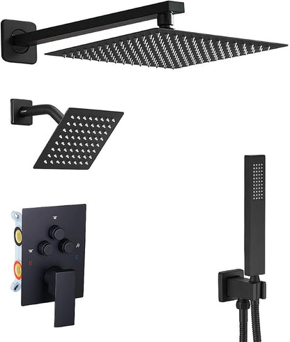 Shower Faucet Set Matte Black 12 Inch Wall Mount Rainfall Shower System with 2 Rain Shower Head and Handheld Head Push Button Diverter Shower Trim Kit and Rough-in Valve Body