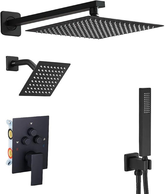 Shower Faucet Set Matte Black 12 Inch Wall Mount Rainfall Shower System with 2 Rain Shower Head and Handheld Head Push Button Diverter Shower Trim Kit and Rough-in Valve Body