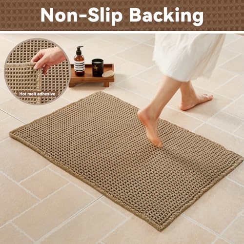 Triohero Waffle Bath Mat, Boho Bathroom Rugs Non Slip Washable, 24x36 Khaki