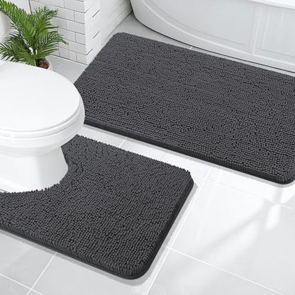 OLANLY Chenille Bathroom Rugs Mats Sets 2 Piece, 47"x20"+24"x20", Dark Grey