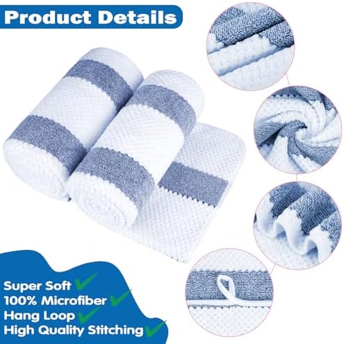 Microfiber Bath Towels Set of 2, 27 x 55 Inches Large Quick Dry Bath Towels, Super Absorbent Soft Striped Shower Towels, Lint Free Lightweight Towels for Bathroom, Travel, Spa, Beach