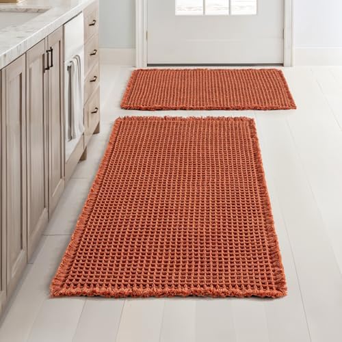 MIULEE Fall Orange Set of 2 Waffle Bathroom Rugs Boho Mat 17"x24"+18"x30"