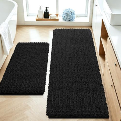 ACCUMTEK Upgrade Luxury 2 Piece Black Toilet Bathroom Rug Mat 48"x20"+24"x17", Ultra Soft Thick Absorbent Bath Mats, Non Slip Chenille Toilet Mat for Bathroom, Bedroom, Kitchen, Shower, Tub