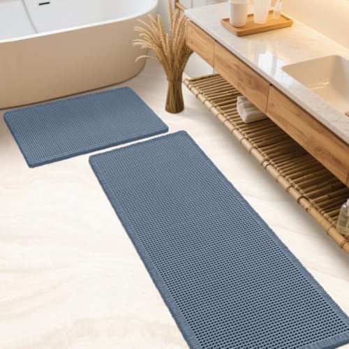 IM HOME Waffle Bath Mat Set 2 Piece Blue,Woven Modern Bath Rug Mats, Absorbent Non Slip Bath Floor Mat, Soft Washable Boho Bath Rugs with Tassels for Bathroom, Bedroom, Kitchen,Tub
