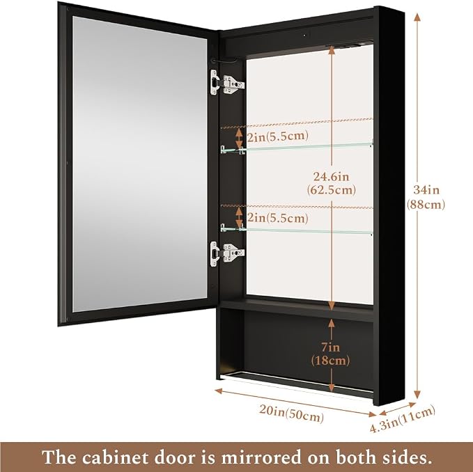 20"×34" Lighted Medicine Cabinet with Mirror Adjustable Brightness 3 Color Temperature Lighting Anti-Fog Sturdy Aluminum led Medicine Cabinet Mirror 2 Socket & 2 USB Ports & Adjustable Shelf