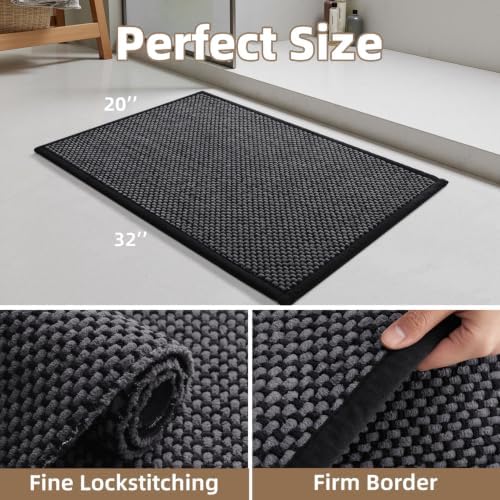 PADOOR-Bath Mat-Super Absorbent Chenille Bathroom Mats-Rubber Backed Bath Mats for Bathroom Non Slip, Easy Clean Bathroom Rugs Front of Bathtub,Shower Room,Sink-20×32, Darkgrey&Black