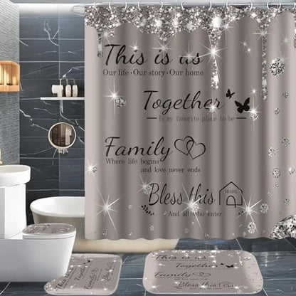 4Pcs Family Shower Curtain Sets with Non-Slip Rugs