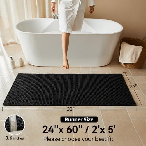 Triohero Black Waffle Runner Rug Bathroom, Long Boho Bath Mat, 24x60