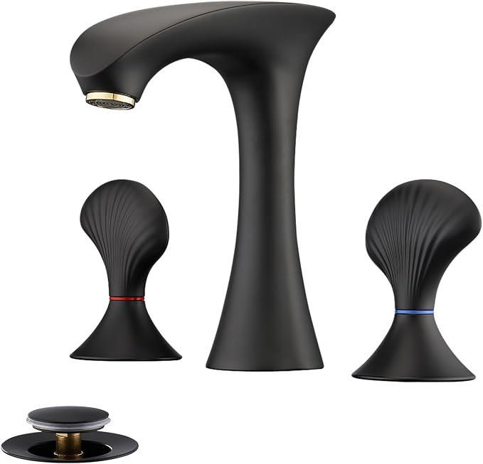 Matte Black Bathroom Faucet 3 Hole, 8 Inch Widespread Bathroom Sink Faucet for Vanity, 2 Handle Bathroom Faucets, Bathroom Vanity Faucet with Pop-Up Drain and Supply Hoses