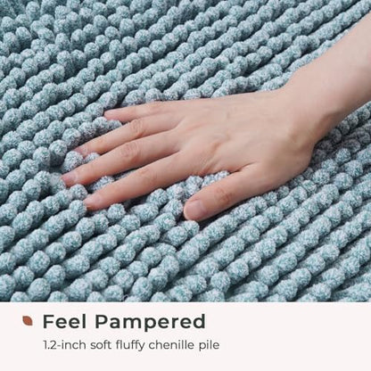 FRESHMINT Chenille Bathroom Rugs Mat 32"x20", Non-Slip Bath Mat for Bathroom Floor & Bathtub, Washable Shower Shag Bath Rugs, Soft Fluffy Thick Water Absorbent Microfiber Shower Mat, Aqua & White