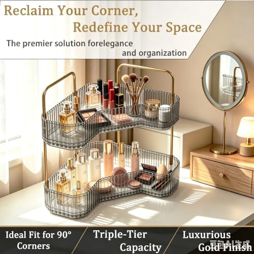 2-Tier Corner Bathroom Organizer, Skincare Vanity Counter Shelf Grey