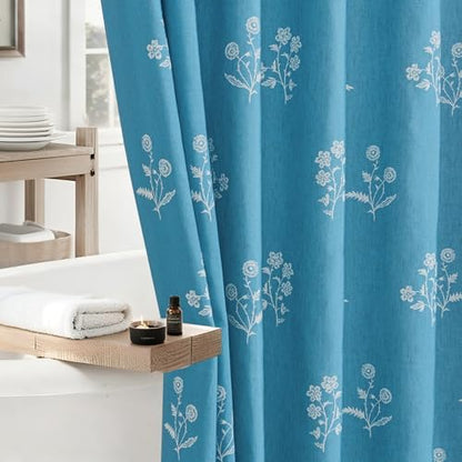 ORTIGIA Blue Linen Shower Curtain Farmhouse Vintage Floral Shower Curtains Navy Boho Rustic Block Print Cottagecore Decor for Bathroom 72 W x 72 L