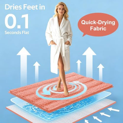 ACCUMTEK Striped Coral Bathroom Rug Set 3 Pieces Ultra Soft, Non Slip Chenille Toilet Mat, Absorbent Plush Shaggy Bath Mats for Bathroom, Bedroom, Kitchen