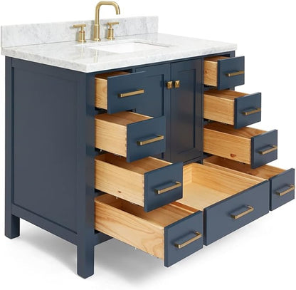 ARIEL Cambridge 42-inch Bathroom Vanity with Sink,Solid Wood, 1.5-inch Italian Carrara Marble Countertop, Single Rectangular Porcelain Sink, 2 Soft Closing Doors, 9 Dovetail Drawers, Midnight Blue