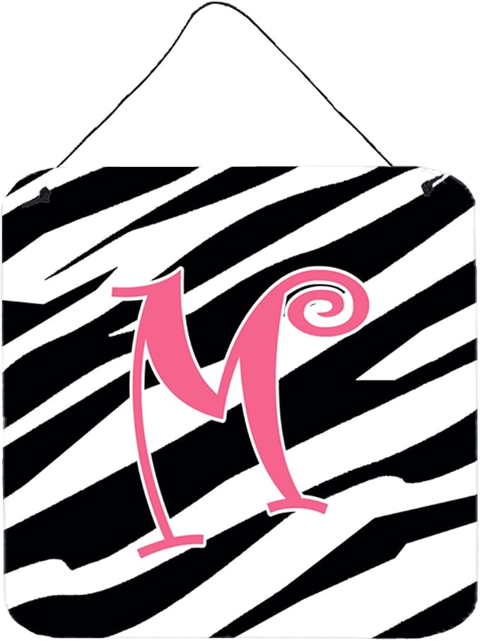 Caroline's Treasures CJ1037-MDS66 Letter M Initial Zebra Stripe and Pink Wall or Door Hanging Prints Aluminum Metal Sign Kitchen Wall Bar Bathroom Plaque Home Decor, 6x6, Multicolor