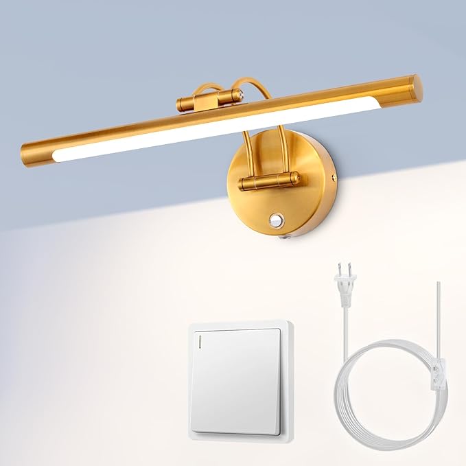 MantoLite LED Bathroom Vanity Light Fixture Dimmable 8W 16inch Gold Pulg in Display Lamps Picture Wall Lights, Indoor Lightings Wall Sconce Ajustable Bedside Reading Lamp, Brass 3000K/4500K/6000K
