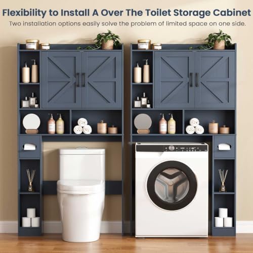 Vabches Over The Toilet Storage Cabinet with 2 Barn Doors, Blue