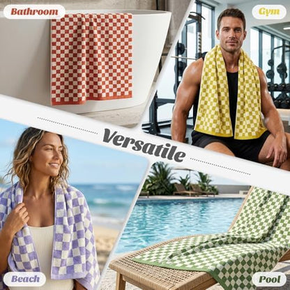 12 Piece Checkered Towel Set, Cotton Towels for Bathroom, 4 Colors