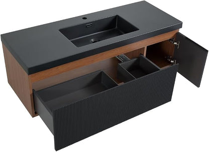 48 Inch Floating Bathroom Vanity with Sink, Wall Mounted Striped Storage Cabinet, Soft Close Drawer, Black Quartz Sand Basin, Fully Assembled, Smoked Walnut Finish