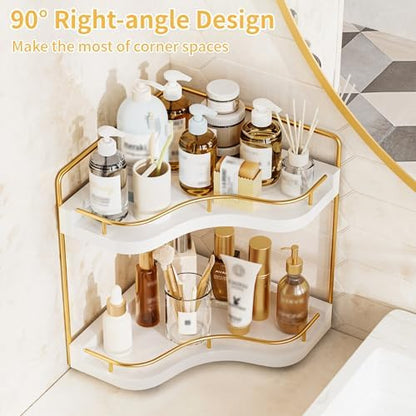 2-Tier Corner Bathroom Counter Organizer, Larger, White Gold