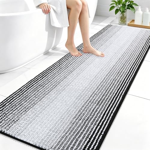 OLANLY Bathroom Runner Rugs 70x24, Soft Chenille Striped Bath Rugs, Black