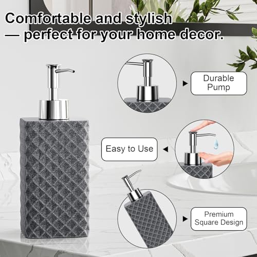 Bathroom Accessories Set Resin 6PCS, Square Toothbrush Holders Set Complete with Soap Dispenser, Vanity Tray, Tumbler, Cups and Cotton Swab Jars (Gray Diamond, Resin Bath 6 PCS)