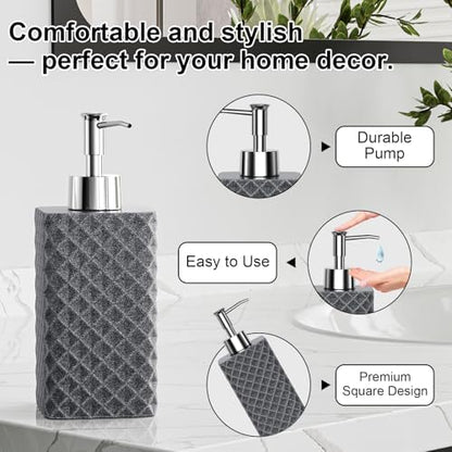 Bathroom Accessories Set Resin 6PCS, Square Toothbrush Holders Set Complete with Soap Dispenser, Vanity Tray, Tumbler, Cups and Cotton Swab Jars (Gray Diamond, Resin Bath 6 PCS)