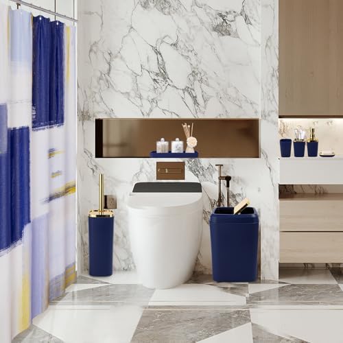 XLHOMO Blue and Gold Bathroom Accessories Set, Bathroom Sets with Shower Curtain, Blue Bathroom Accessories with Trash Can, Soap Dispenser, Soap Dish, Toilet Brush Holder, Qtip Holders for Bathroom